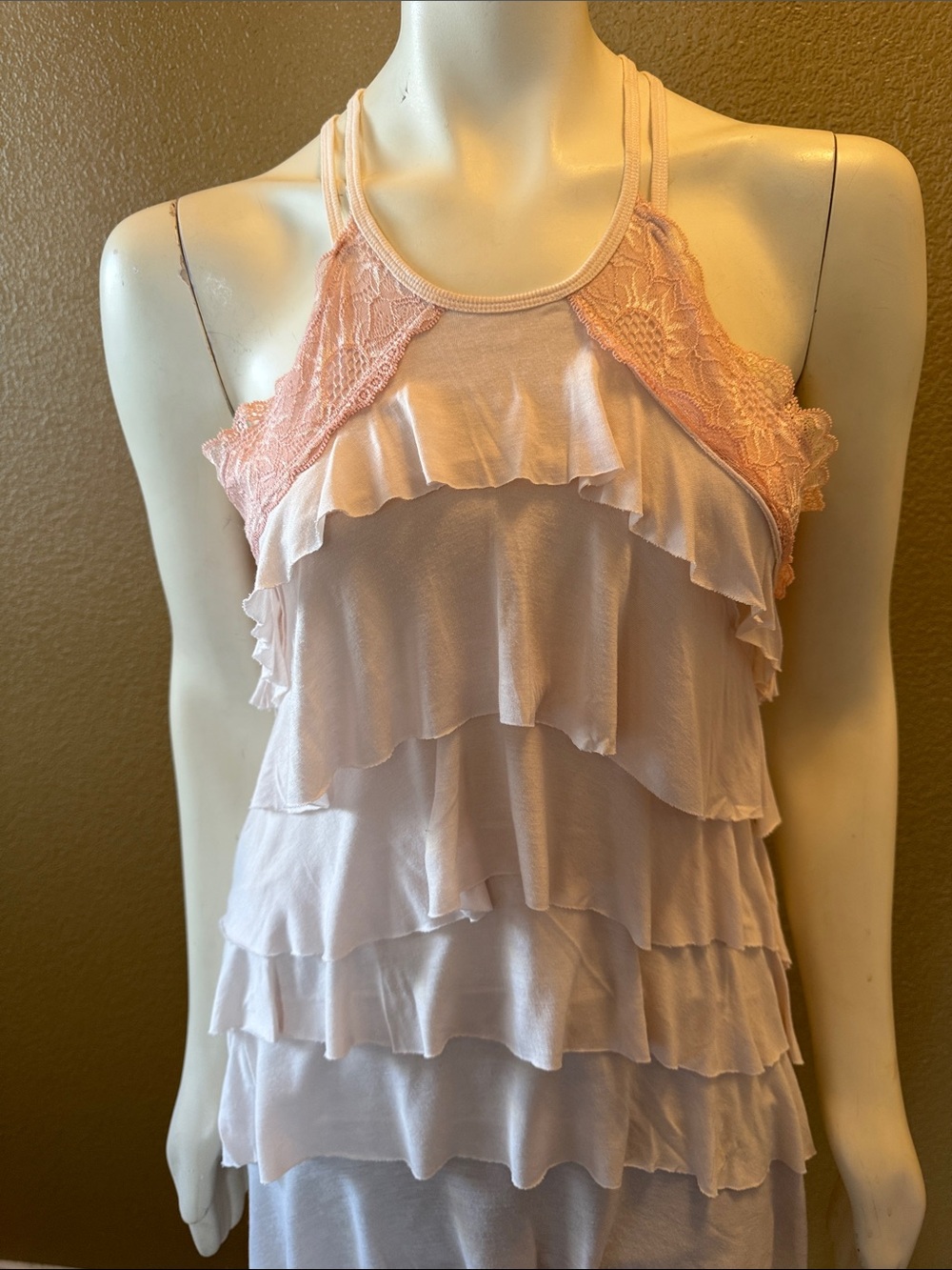 Light Pink Ruffle Tank with Lace Trim